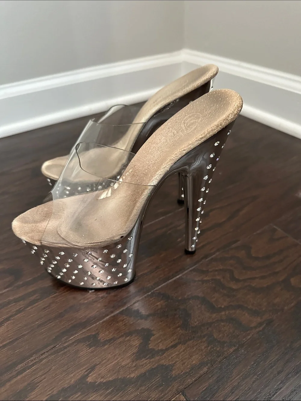 Crystal-Embellished Clear Platform Heels in Silver
